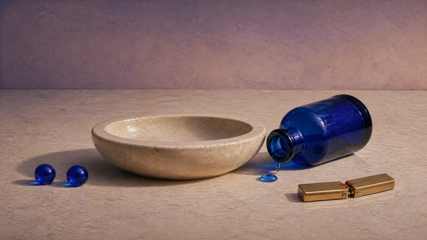 A broken pale-gold seal clasp beside a cobalt reserve bottle, shallow ivory basin, two blue glass markers, and one released droplet on an ivory stone floor.