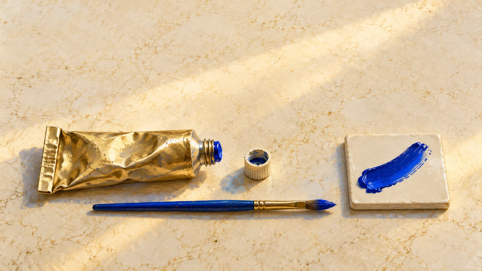 An open pale-gold paint tube, ivory cap and cobalt-handled brush lie beside an ivory tile bearing one glossy blue paint stroke.