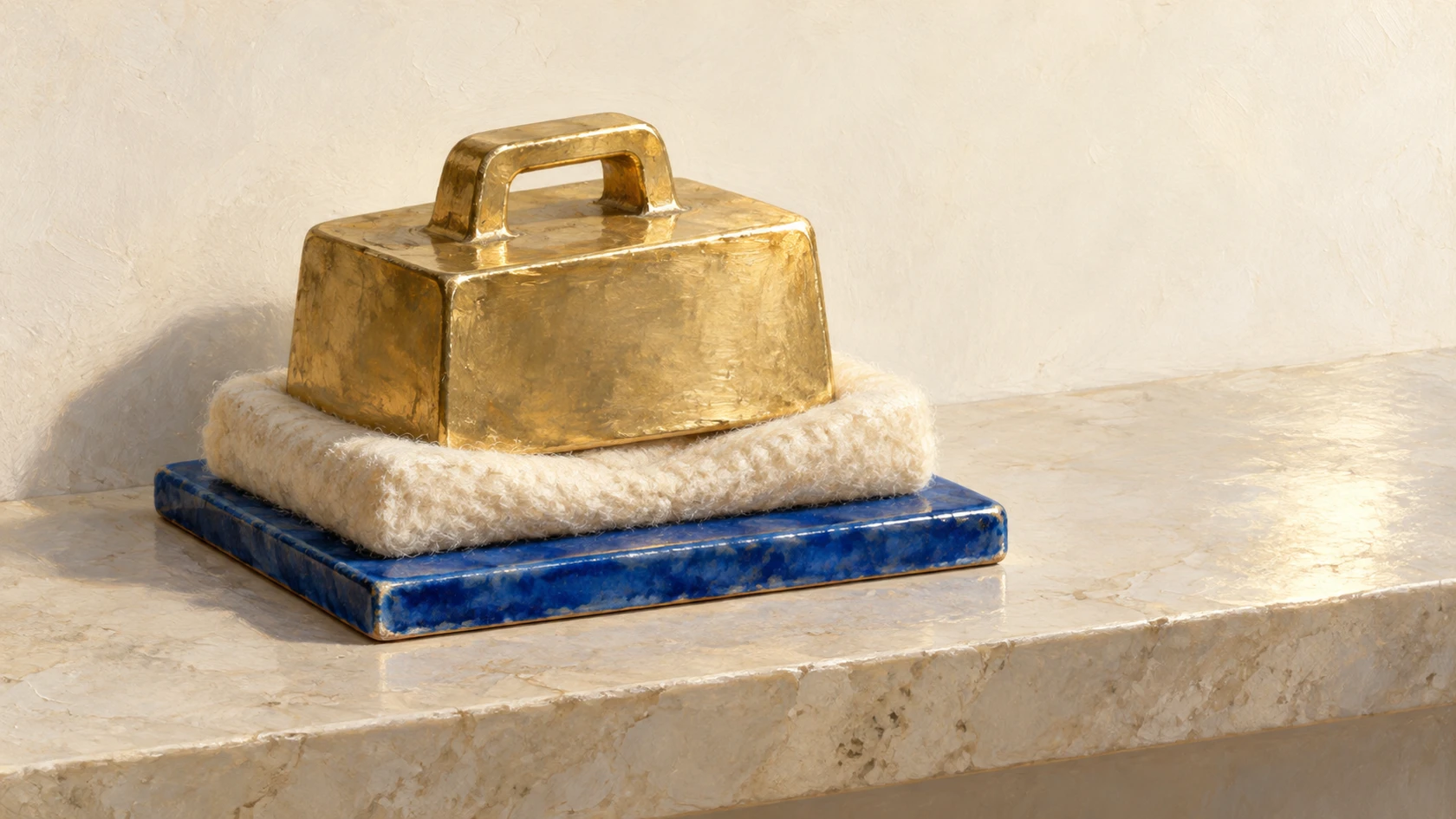 A pale-gold handled weight compresses an ivory felt pad on a cobalt ceramic tile, all resting on an ivory stone shelf.