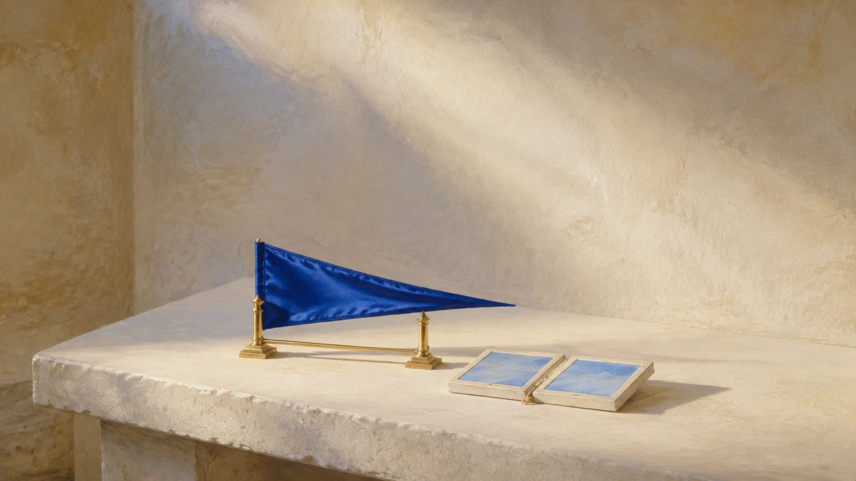 An unmarked cobalt pennant drapes over a pale-gold trestle beside an open ivory writing tablet on a stone bench.