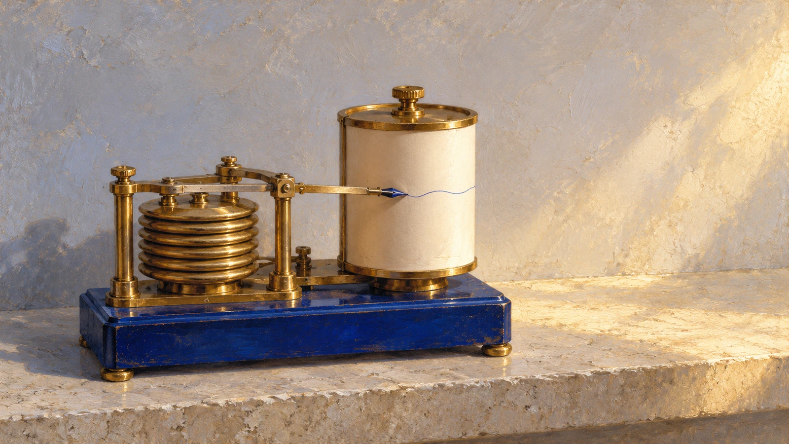 A brass barograph on a cobalt base rests on ivory stone, its slender pen touching a paper drum with one blue wavy line.