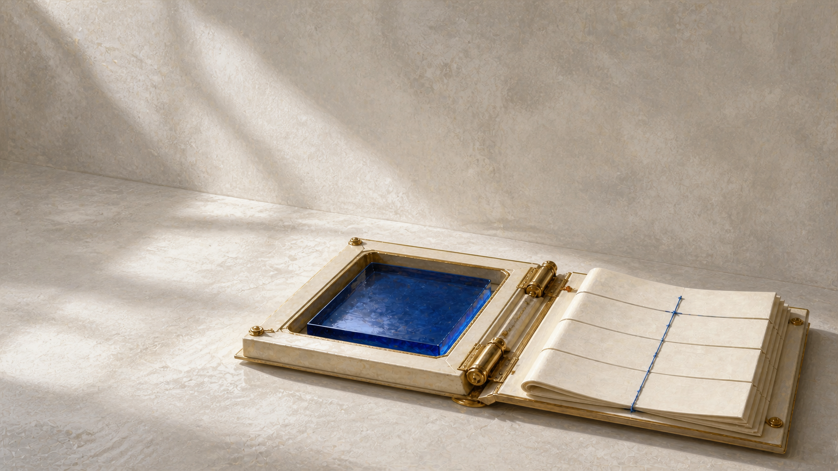 A pale-gold folio press holds a cobalt glass asset plate beside an open ivory process folio, symbolizing custody and tokenized-asset lifecycle controls.