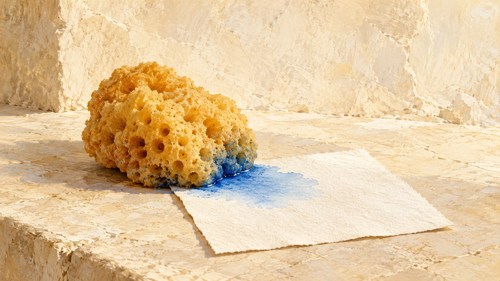 A honey-gold sea sponge touches ivory paper, transferring a small water-blue damp patch at their contact edge.