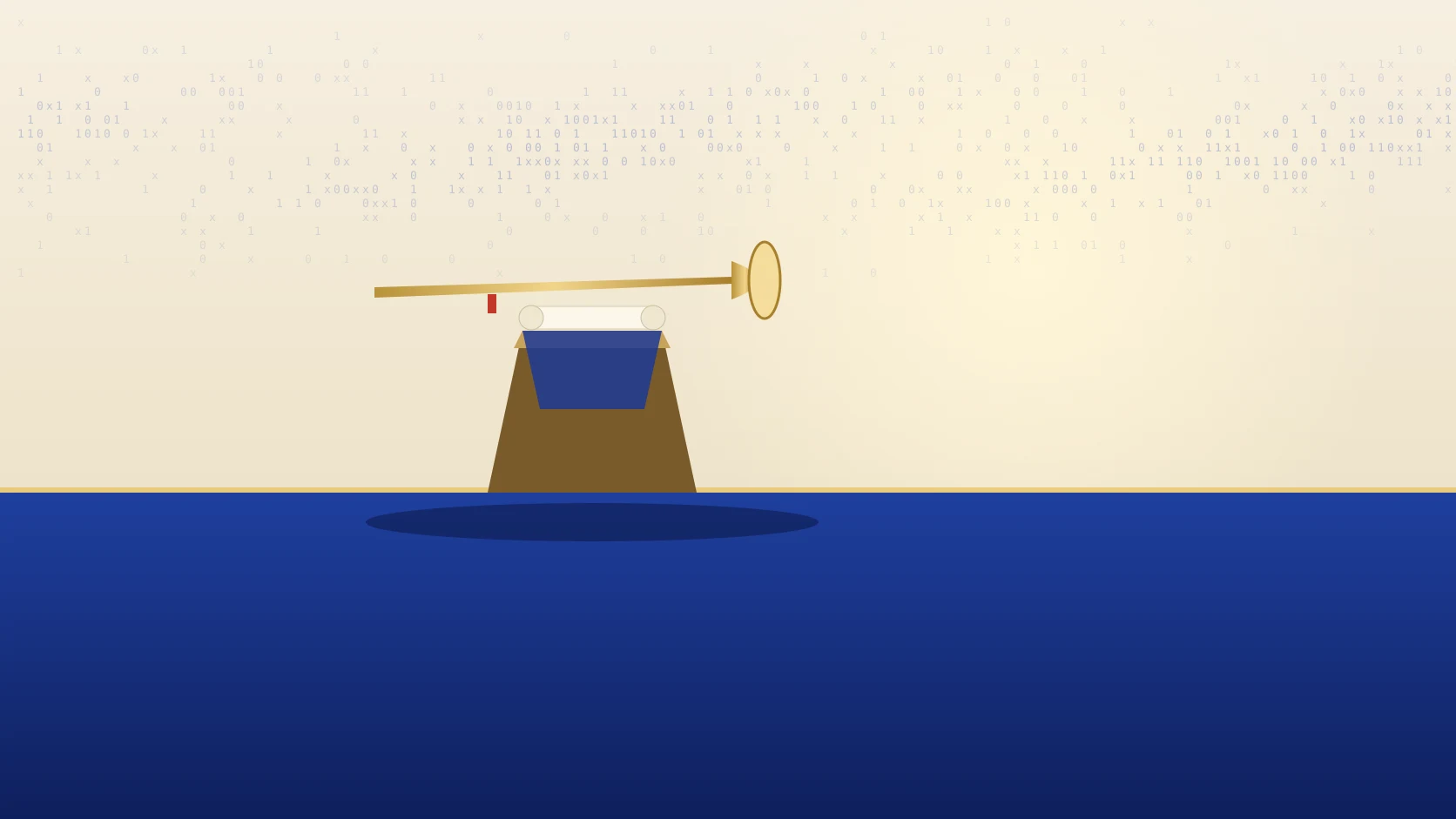 A gold herald's trumpet and an unrolled ivory scroll rest on a cobalt-draped stand at dawn, under a faint sky of 1, 0 and x characters.