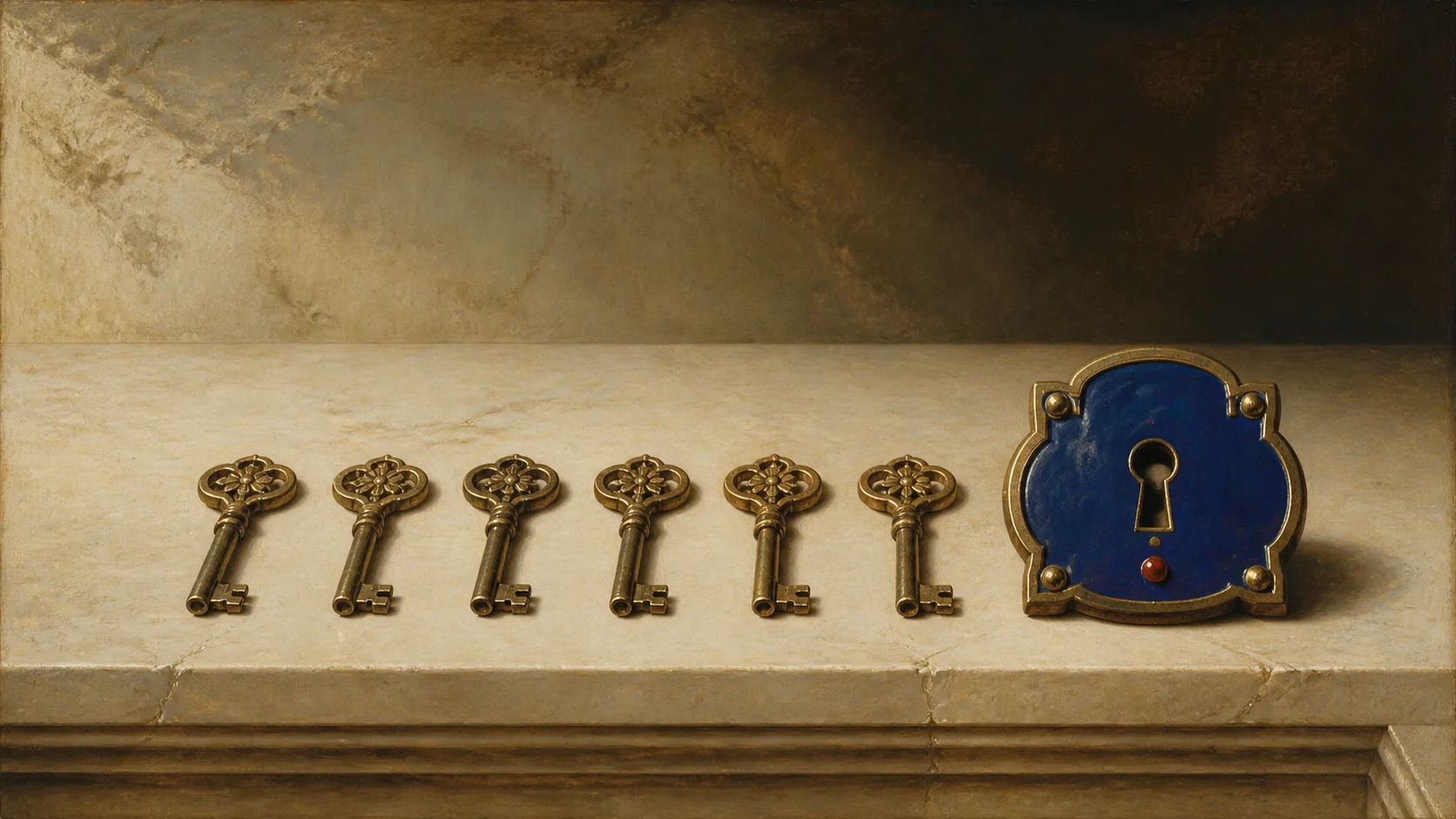 Six bronze keys wait beside a closed cobalt lock plate
