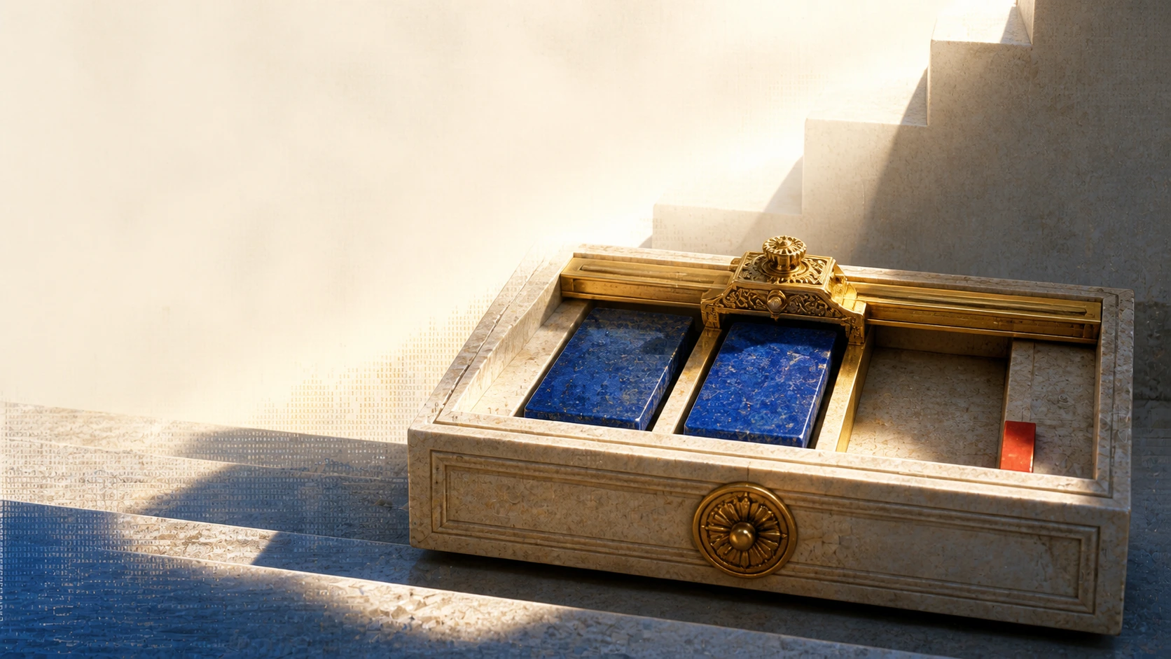 A pale-gold selector carriage draws two cobalt record tablets into an ivory stone archive drawer while a vermilion stop marks an empty endpoint slot.