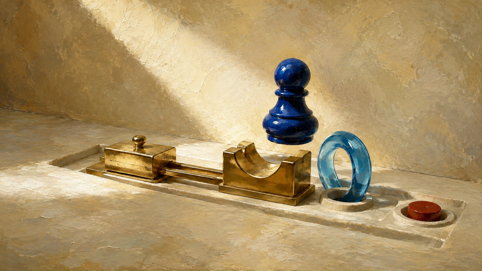 A pale-gold release cradle lifts a cobalt escrow marker before a blue trust-line loop enters an ivory receiving socket, with one vermilion stop mark on stone.