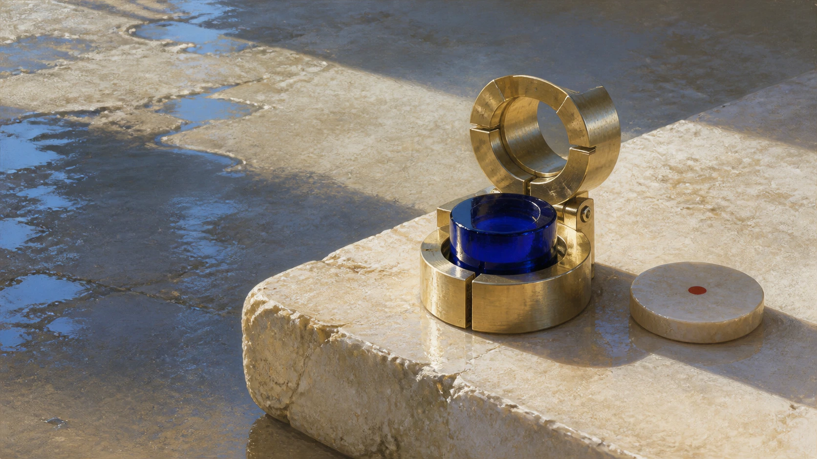 A cobalt glass cylinder sits in the deeper seat of a pale-gold two-stage registration collet beside an ivory witness disk with one vermilion mark on an ivory stone slab