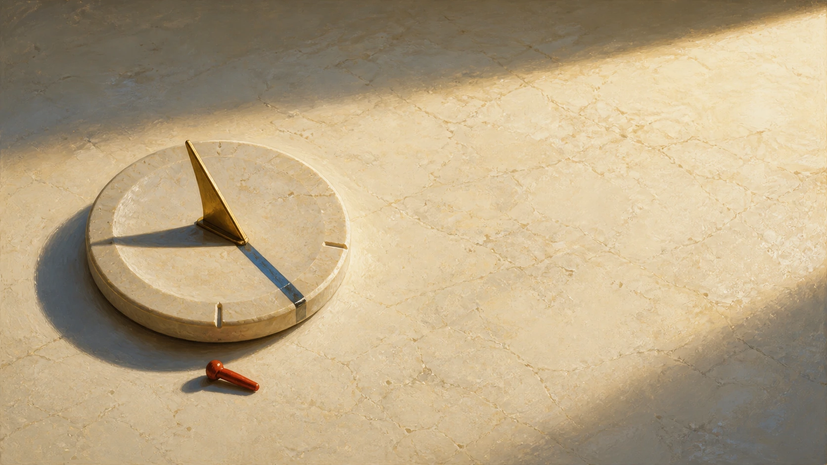 A pale-gold gnomon casts a cobalt shadow beyond an ivory deadline notch while a vermilion peg rests on a sunlit stone slab