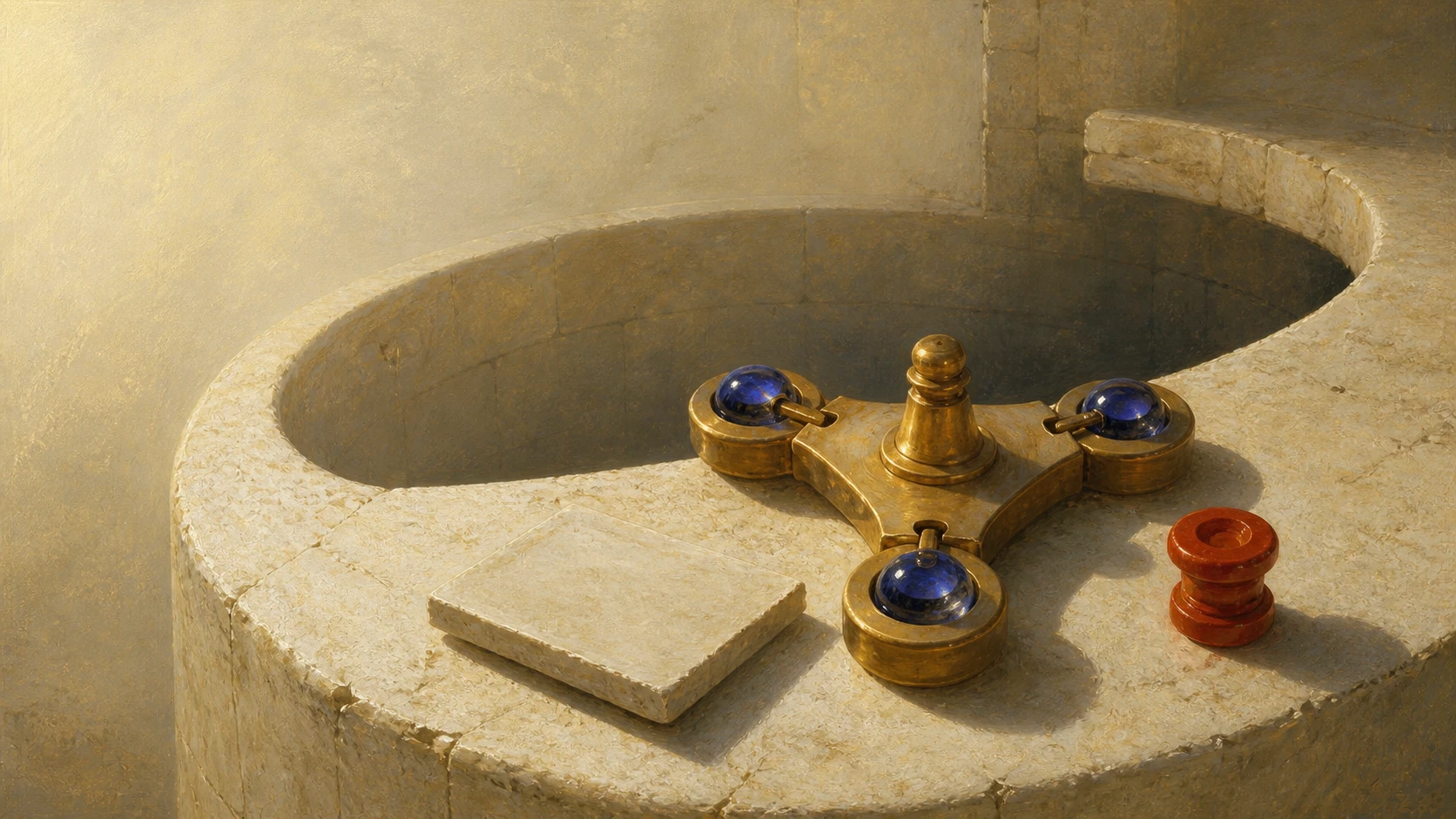 A pale-gold three-lobed sorting spindle directs three cobalt glass markers into separate channels beside an ivory ledger tablet and a small vermilion overflow stop.